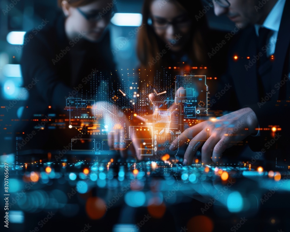 Aufkleber three people are working on a computer screen with a glowing cityscape. concept of collaboration and