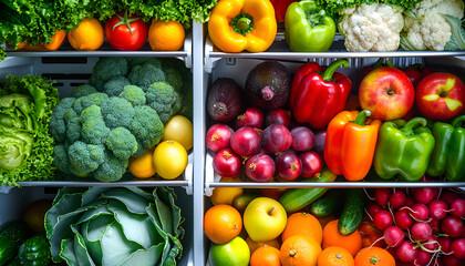 Open fridge full of fresh fruits and vegetables, healthy food background, organic nutrition, health care, dieting concept