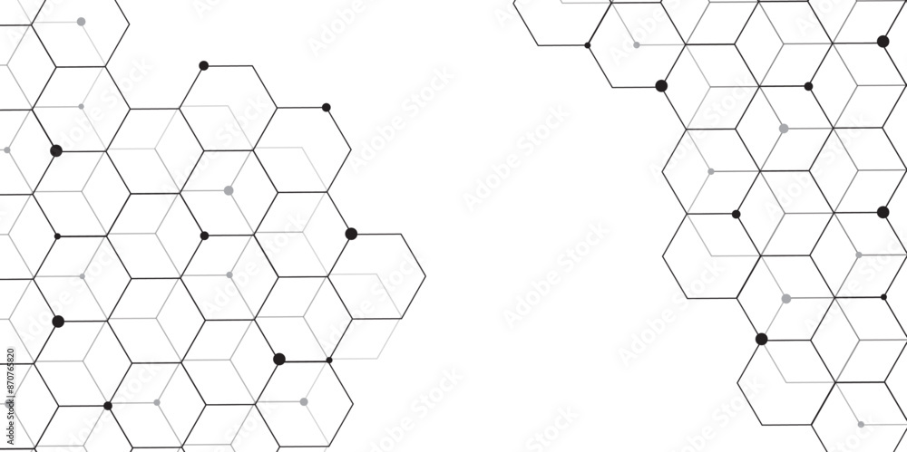 Poster hexagonal background. Digital geometric abstraction with lines and dots. Network and communication with hex texture. Medical background or science design. Molecular structure and chemical compounds. 