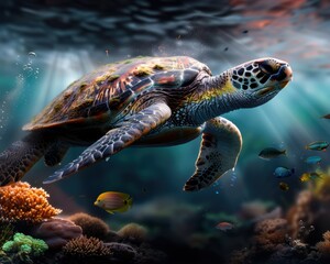 Fototapeta premium A turtle swimming in the ocean with a school of fish swimming around it