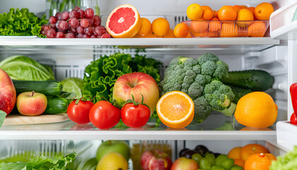 Open fridge full of fresh fruits and vegetables, healthy food background, organic nutrition, health care, dieting concept