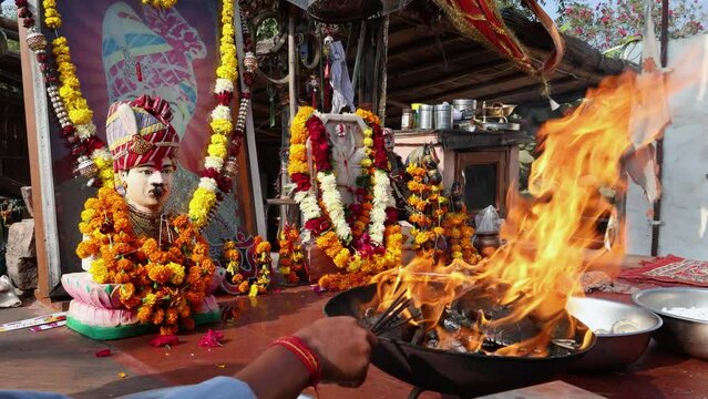 hindu holy bike god om banna worshiping at temple from flat angle
