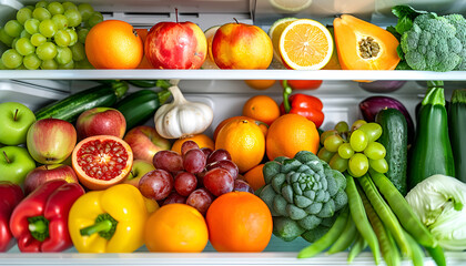 Open fridge full of fresh fruits and vegetables, healthy food background, organic nutrition, health care, dieting concept