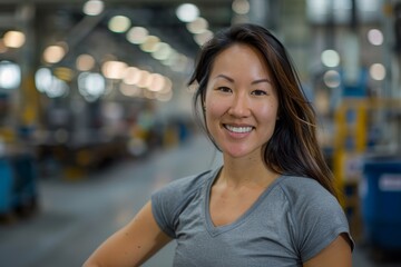 Portrait of a happy asian woman in her 30s showing off a lightweight base layer in bustling factory floor