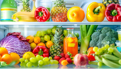 Open fridge full of fresh fruits and vegetables, healthy food background, organic nutrition, health care, dieting concept