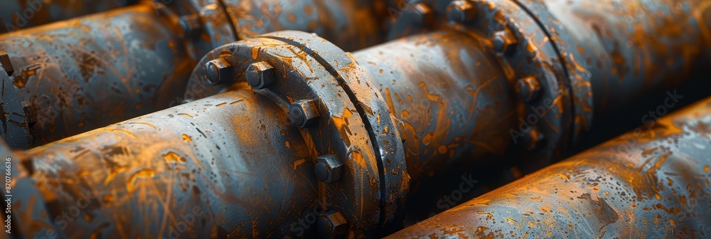 Poster closeup of rusted pipes with flanges - a close-up shot of rusty industrial pipes with connecting fla