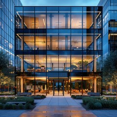 Modern Glass Office Building at Dusk with Illuminated Interior