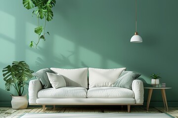Serene Minimalist Boho Living Room and Cozy White Sofa with Mint Green Accent Wall Mockup