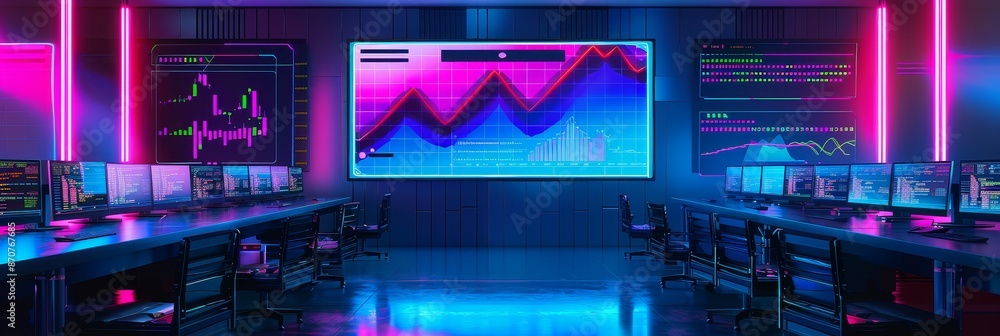 Poster cyberpunk office with neon lights and data displays - a futuristic office with neon lights, computer