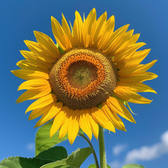 Naklejka premium A large yellow sunflower with a blue sky in the background