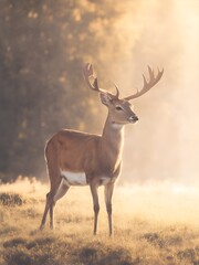 Naklejka premium Deer grazing in the field, wildlife photography, peaceful nature scene, grazing deer in natural habitat.