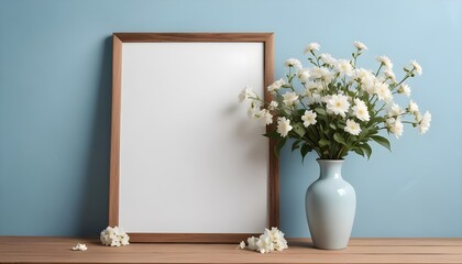Empty wooden picture frame mockup hanging on pastel wall. Boho-shaped vases with dried flowers and house plants on a table. Working space, home office. Modern interior. Generative AI