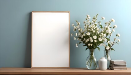 Empty wooden picture frame mockup hanging on pastel wall. Boho-shaped vases with dried flowers and house plants on a table. Working space, home office. Modern interior. Generative AI