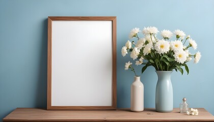 Empty wooden picture frame mockup hanging on pastel wall. Boho-shaped vases with dried flowers and house plants on a table. Working space, home office. Modern interior. Generative AI