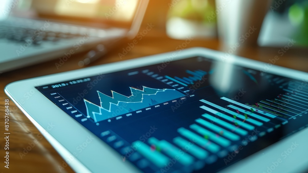 Poster financial data displayed on a tablet - a close-up shot of a tablet screen displaying financial data 