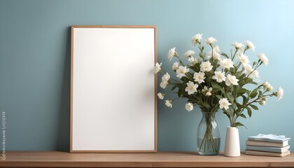Empty wooden picture frame mockup hanging on pastel wall. Boho-shaped vases with dried flowers and house plants on a table. Working space, home office. Modern interior. Generative AI