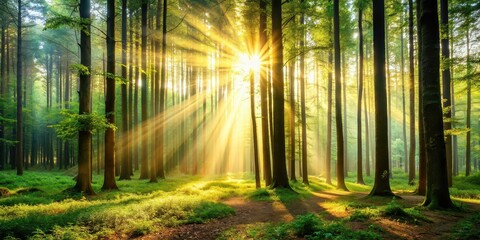 Fototapeta premium A serene background of a peaceful forest with sunlight streaming through the trees, nature, outdoor, woods, tranquil, calm