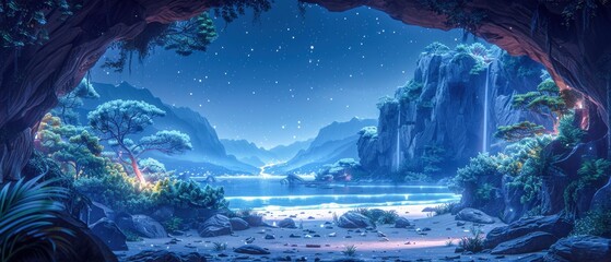 Obraz premium View from Inside a Cave Camp with Majestic Trees at Night in Cartoon Style Autumn and Spring Season