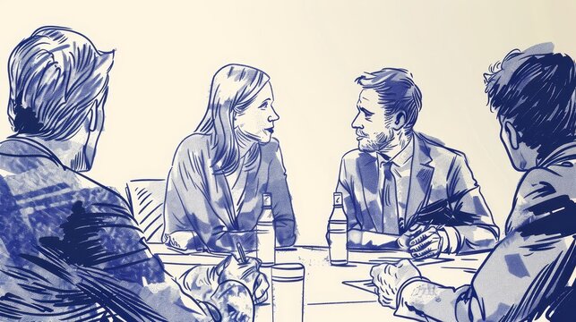 Four People Sitting Around a Table in a Blue Sketch - A sketch in blue tones shows four people sitting at a table, seemingly in a meeting. - A sketch in blue tones shows four people sitting at a table
