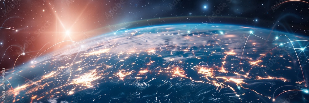 Poster global network connections over earth at night - a view of the earth from space showcasing illuminat
