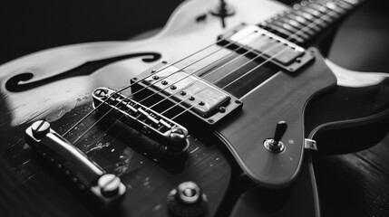 A black and white closeup image of a vintage electric guitar with plenty of copy space