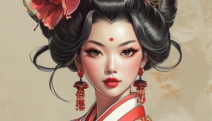  Bewitching Japanese Beauty: Oiran Illustration in Digital Watercolor