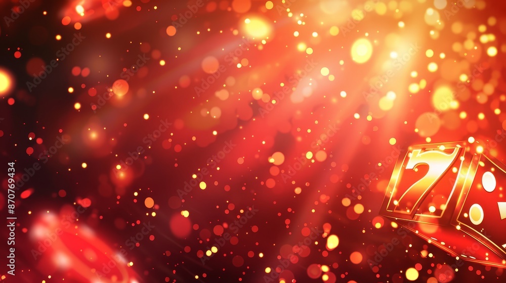 Poster golden seven on a red dice in a sparkling background - a 3d of a golden seven on a red dice with a g