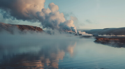 Fototapeta premium A geothermal power plant with steam rising from the earth, harnessing the planet's natural heat for energy