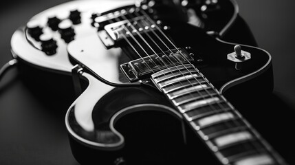 A black and white closeup image of a vintage electric guitar with plenty of copy space
