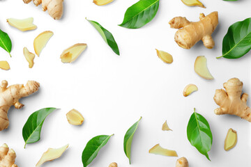 Naklejka premium Ginger Roots and Leaves on Transparent Background