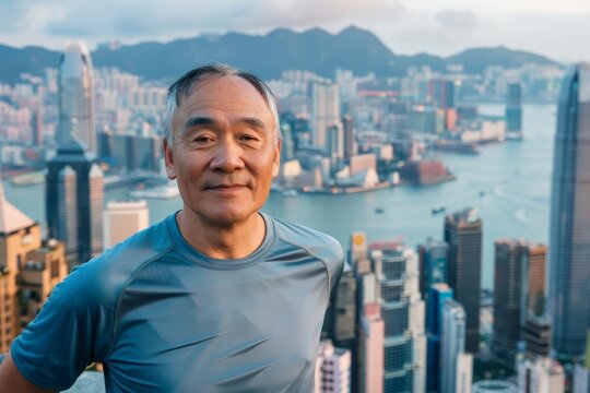 Portrait of a blissful asian man in his 50s wearing a moisture-wicking running shirt over stunning skyscraper skyline