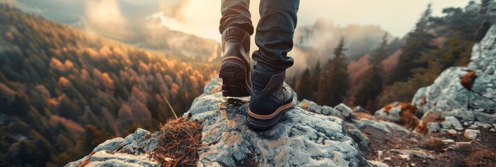 Hiking Boots on a Mountain Peak at Sunset - A pair of hiking boots stand on a rocky mountain peak overlooking a misty forest at sunset. - A pair of hiking boots stand on a rocky mountain peak overlook