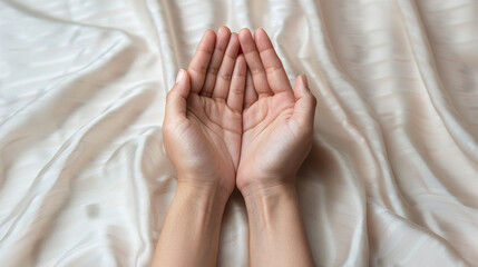 Hands in a asking prayer gesture on a white fabric background