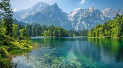 Fototapeta premium Tranquil eco-friendly retreat in lush forest by a serene lake and mountains.