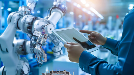 Worker using digital tablet to monitor automated processes in a modern manufacturing facility.