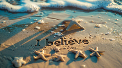 the inscription "I believe" on the sand of the seashore. For religious Christian publications.