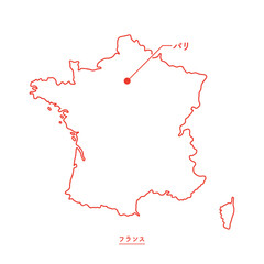 シンプルなフランスの白地図 - 首都パリの位置をマークした線画マップ - 日本語