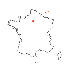 シンプルなフランスの白地図 - 首都パリの位置をマークした線画マップ - 日本語