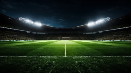 Fototapeta premium Soccer stadium arena illuminated for match with spotlights on green field background