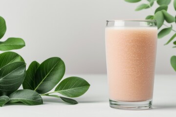 Refreshing Tropical Guava Juice in a Tall Glass with Green Leaves Background