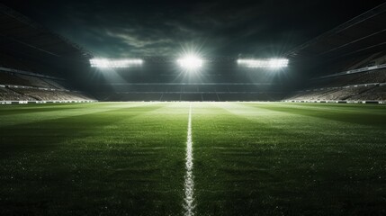 Football stadium arena with spotlight, green field for soccer championship match, sports background