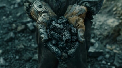 A close-up image of a miner's hands holding a handful of coal