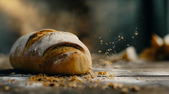 Freshly baked rustic bread loaf on a wooden table with crumbs and a blurred background, capturing the essence of home baking.