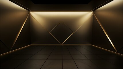 Modern dark gold geometric Interior with Neon Lighting. Empty Room for Product Presentation