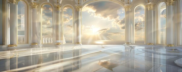 A large hall with marble columns and golden details, light falls from the windows onto the floor, a view of an open sky outside through one window, in the style of hyper realistic
