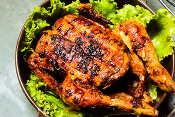 close up of grilled chicken in a plate with lettuce, as the main course