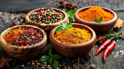 Fototapeta premium A photo of various spices in wooden bowls