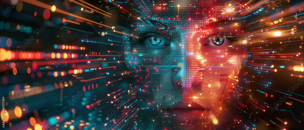 Poster vibrant digital pixels form a mosaic human face surrounded by glowing data streams.