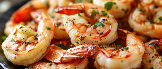 Succulent close-up of perfectly fried shrimp with garlic, a mouth-watering seafood delight.
