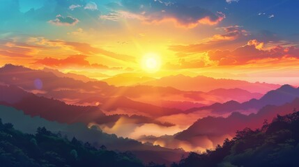 Fototapeta premium Mountainous Landscape at Sunset with a Hazy Sky - A colorful sunset over a series of layered mountains. The sky is hazy with a soft glow. - A colorful sunset over a series of layered mountains. The sk